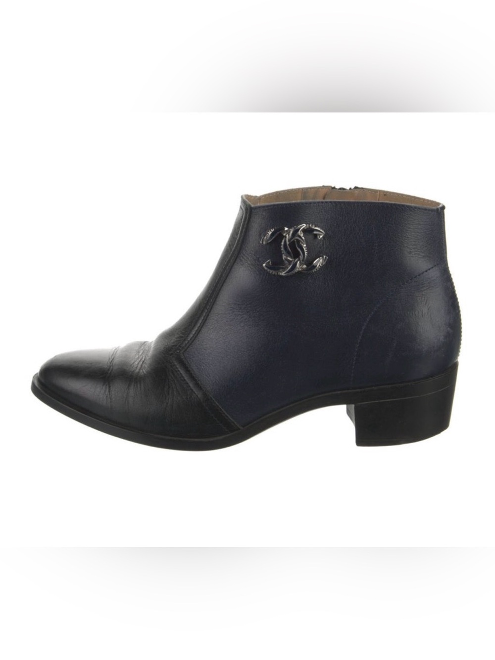 CHANEL Black and Navy Leather Ankle Boot with CC Emblem logo